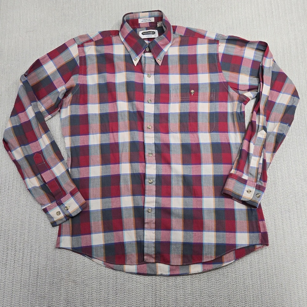 VTG Shelter Bay by Arrow Shirt Mens Large Red Blue Plaid Button Down Long Sleeve